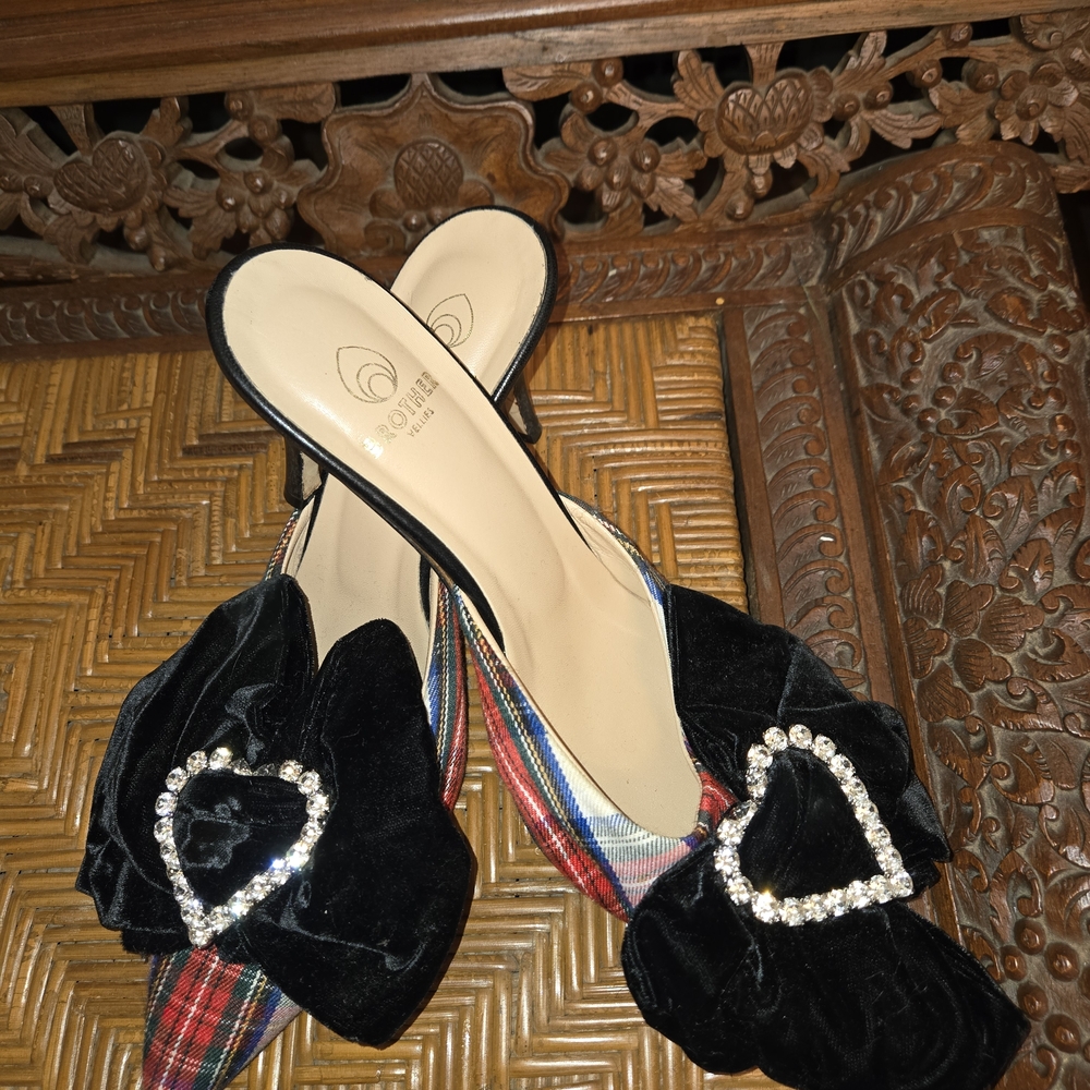 Brother Vellies Black Velvet Slide Mules with Crystal Heart